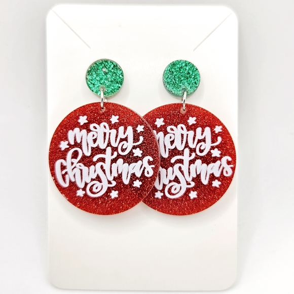 Merry Christmas Shimmer Red Earrings New - Picture 1 of 3